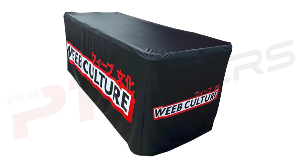Custom fitted table cover designed for race teams and events. GREAT FOR SELLING APPAREL! Made from durable, stretchable material, this tablecloth fits perfectly, offering a sleek, professional appearance. Featuring your team’s logo and branding, it enhances visibility and creates a cohesive, polished look for trade shows, pit areas, and promotional events.