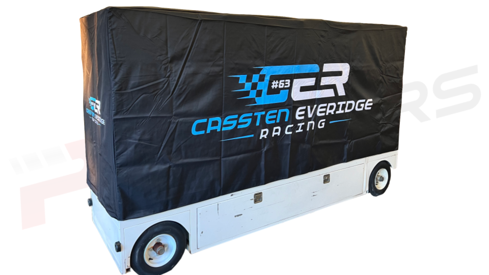 Custom pit cart tool box cover with logo options, designed to protect your investment. Featuring durable material and logos to help your sponsors stand out!