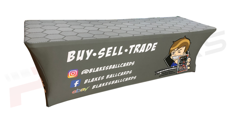 Custom printed stretch tablecloth designed for race teams and events, featuring your team's logo and colors. This sleek, durable cloth provides a professional look while fitting securely around tables, ensuring a clean and branded appearance at trade shows, pit areas, and promotional events.