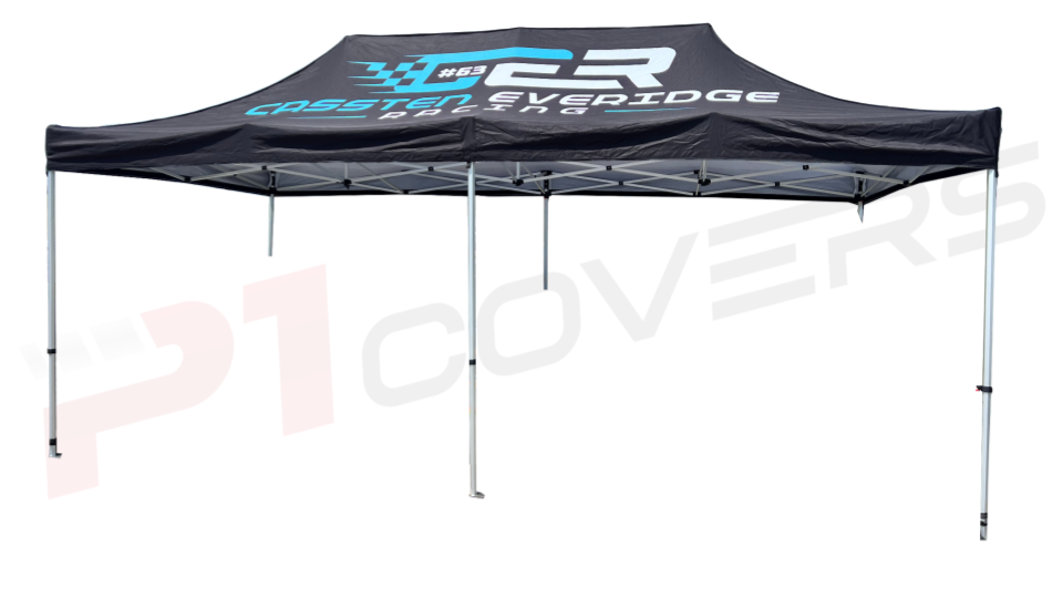 10x20 custom canopy to cover racecars, pit crews, equipment, and more!  Keep your investments and crew dry on racedays with this custom branded 10x20 canopy tent.